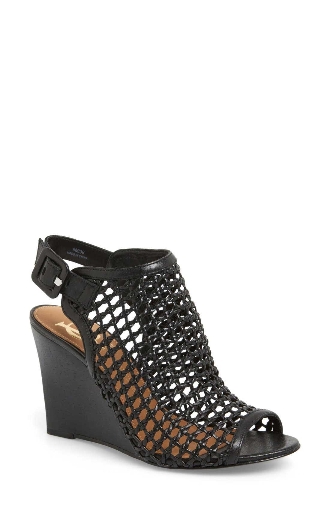'Cleone' Woven Leather Peep Toe Wedge Sandal, Main, color, BLACK