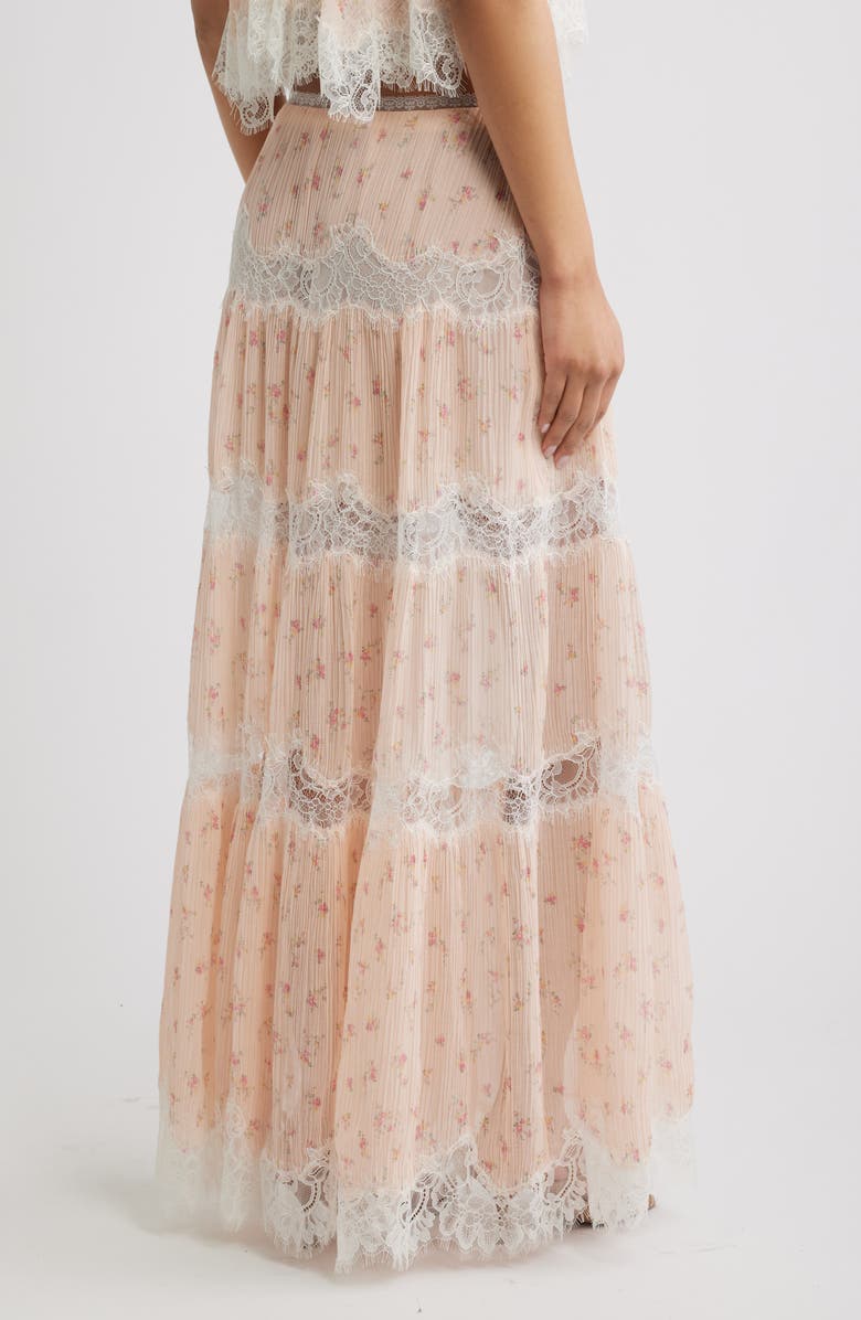 LoveShackFancy Everhart Floral Lace Detail Silk Chiffon Maxi Skirt, Alternate, color, Sweet Nectar