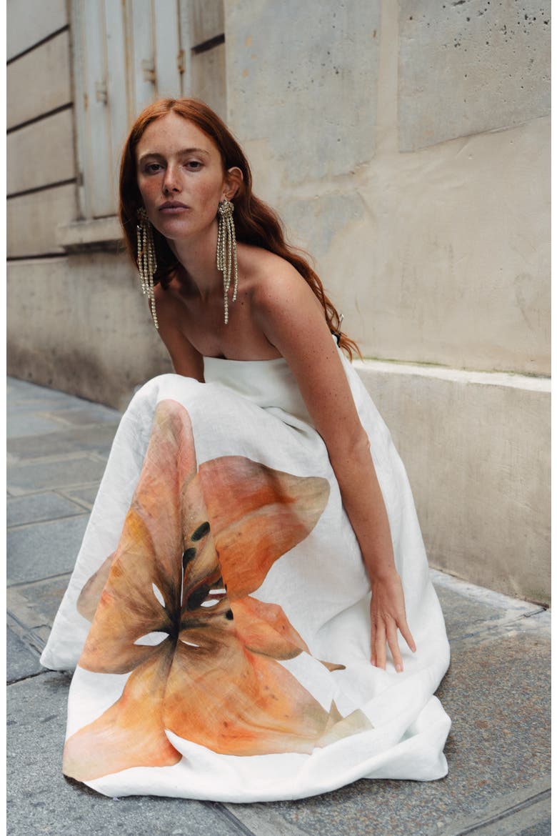 Parisa Placed Floral Strapless Linen Maxi Dress, Alternate, color, TIGERLILY