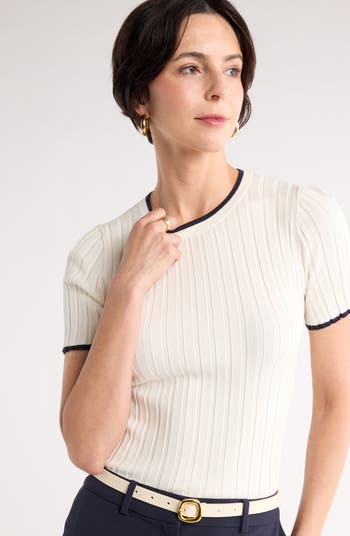 Tipped Short Sleeve Ribbed Sweater