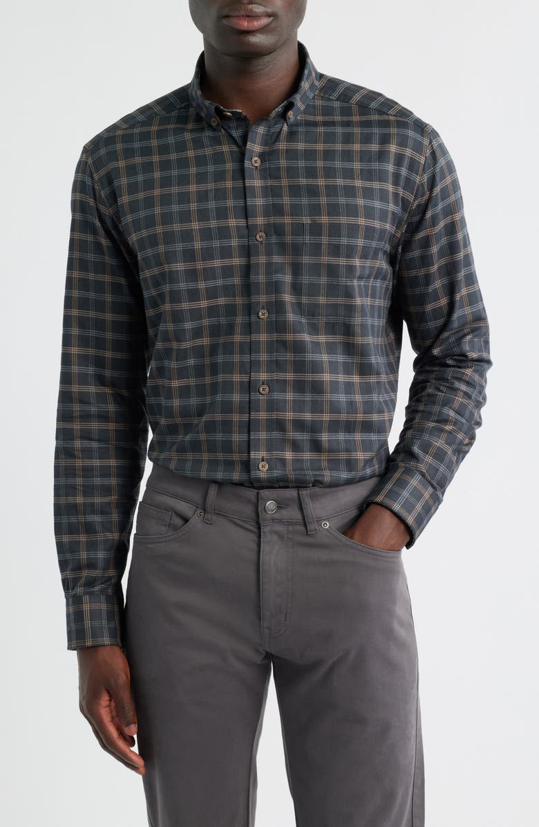 Johnston & Murphy Plaid Heathered Cotton Button-Up Shirt, Main, color, Charcoal/Tan Grid Check
