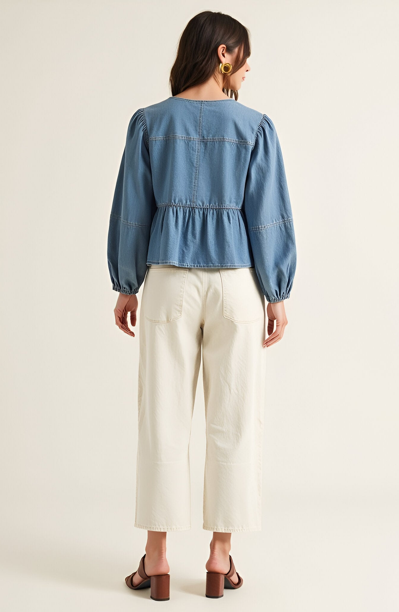 Modenaire Long Puff-Sleeve Tie-Front Peplum Denim Blouse, Alternate, color, Denim Blue