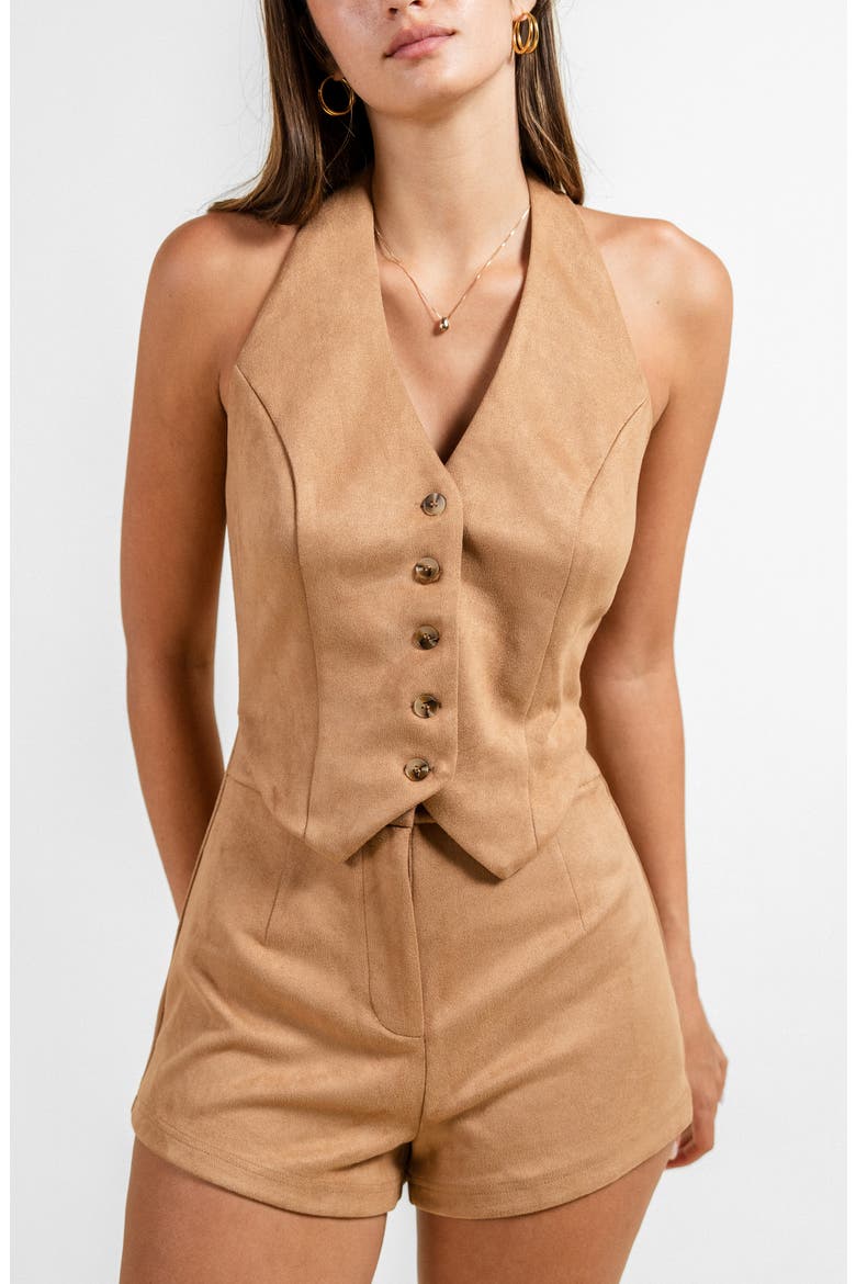 Faux Suede Vest Romper, Alternate, color, LIGHT TAN