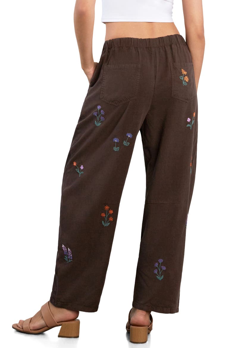 Floral Embroidered Barrel Leg Pants, Alternate, color, CHOCOLATE BROWN