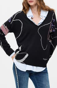 Desigual Floral V-Neck Sweater