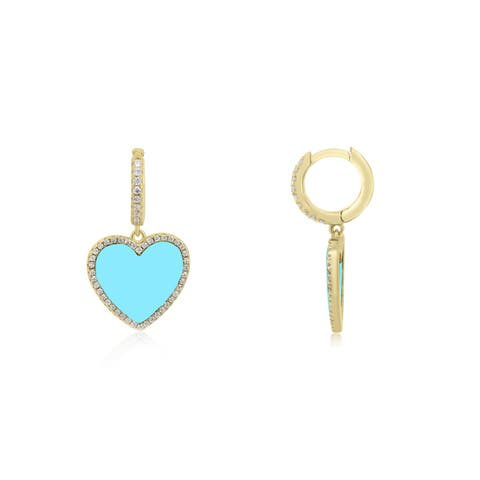 Large Turquoise CZ Halo Heart Dangle Earrings