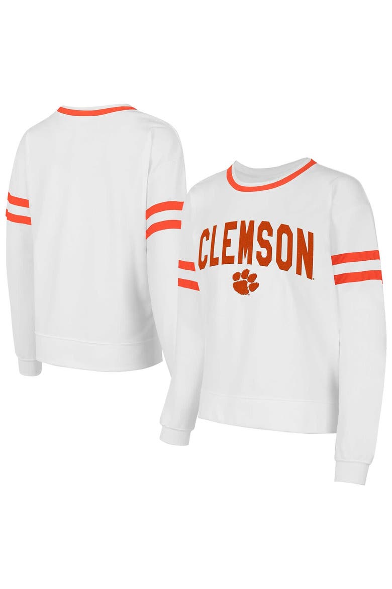 Women's Concepts Sport  White Clemson Tigers Borough French Terry Arch Over Long Sleeve T-Shirt, Main, color, White