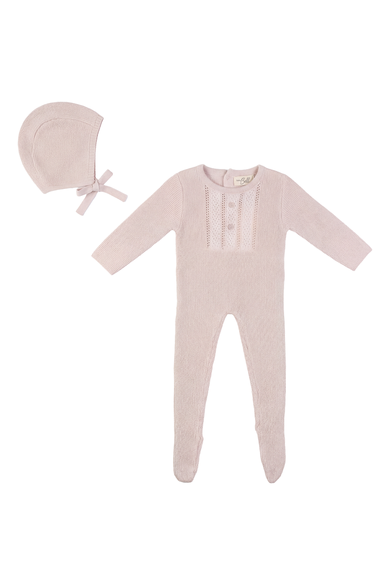 Striped Pointelle Pearl Button Romper with Matching Bonnet, Main, color, Primrose