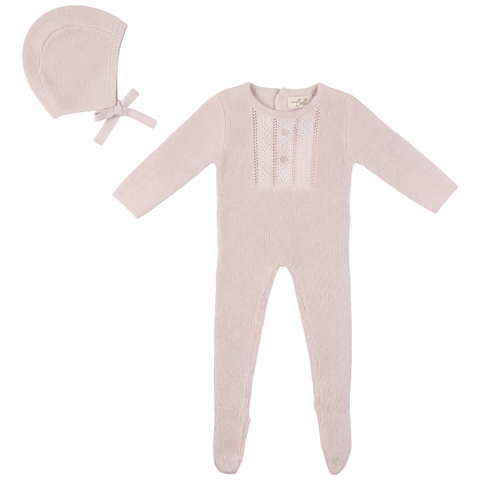 Striped Pointelle Pearl Button Romper with Matching Bonnet