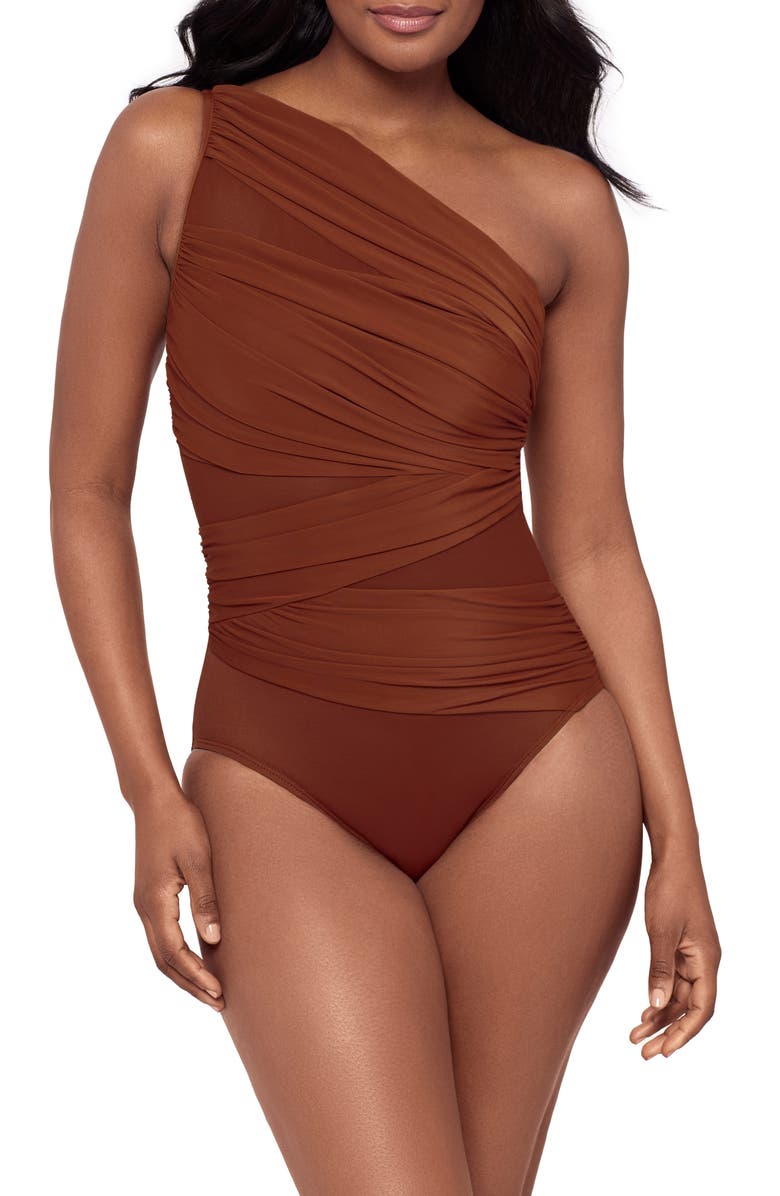 Miraclesuit<sup>®</sup> Jena One-Shoulder One-Piece Swimsuit, Main, color, Copper Brown