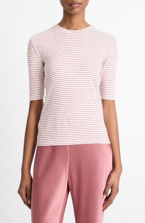 Stripe Elbow Sleeve Cotton Blend Knit Top