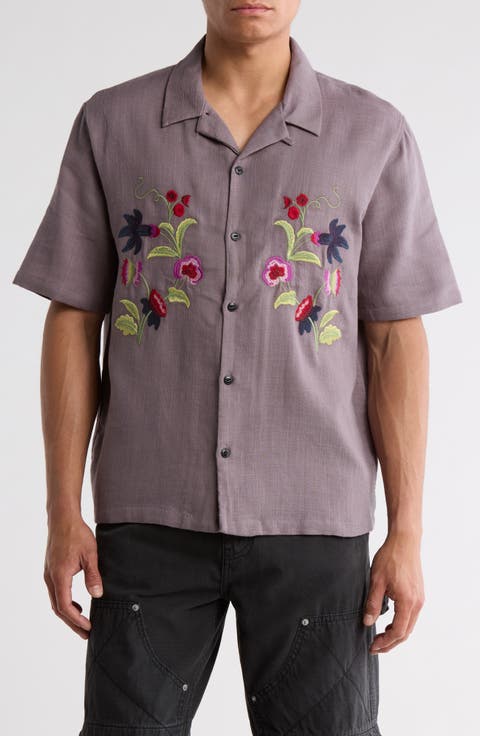 Weave Floral Embroidered Camp Shirt
