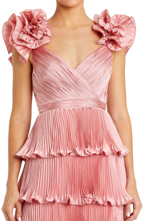 Mac Duggal Pleated Charmeuse Tiered Gown With Ruffle Straps