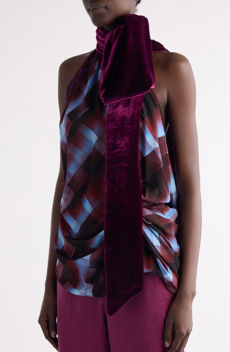 Dries Van Noten Cevira Spray Check Tie Neck Halter Top, Alternate, color, Burgundy