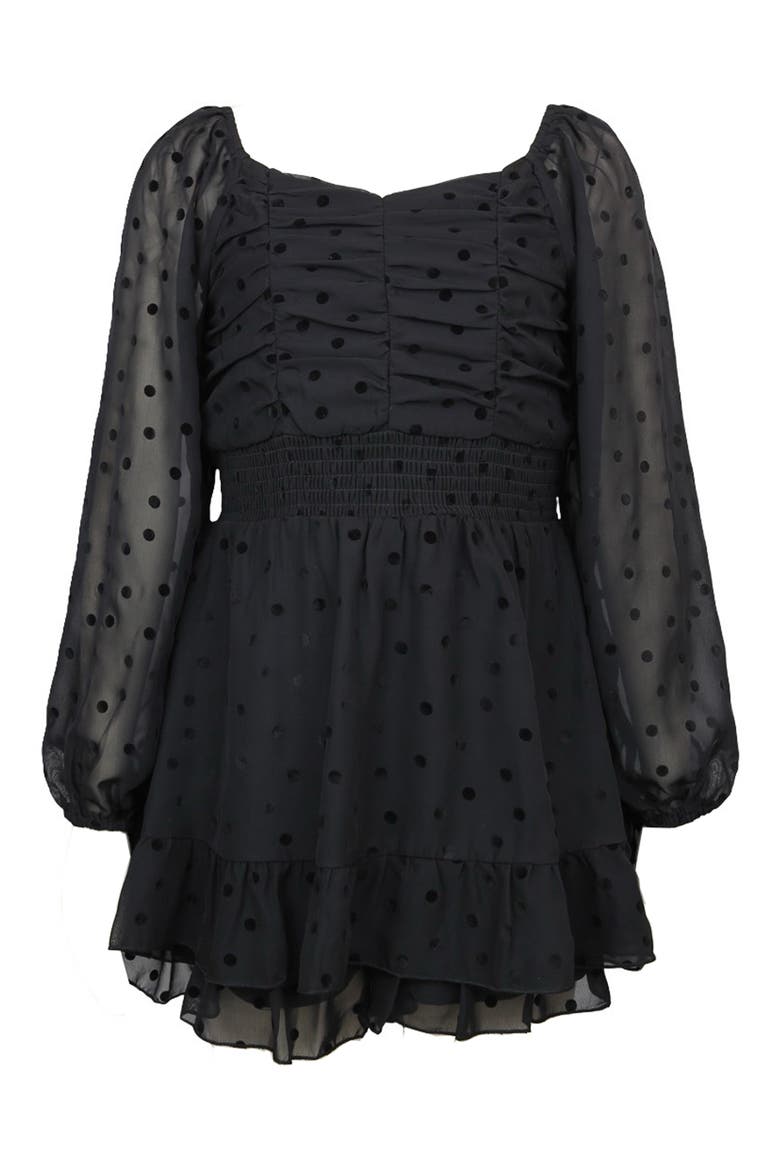 Kids' Flocked Dot Chiffon Skirted Party Romper, Main, color, BLACK