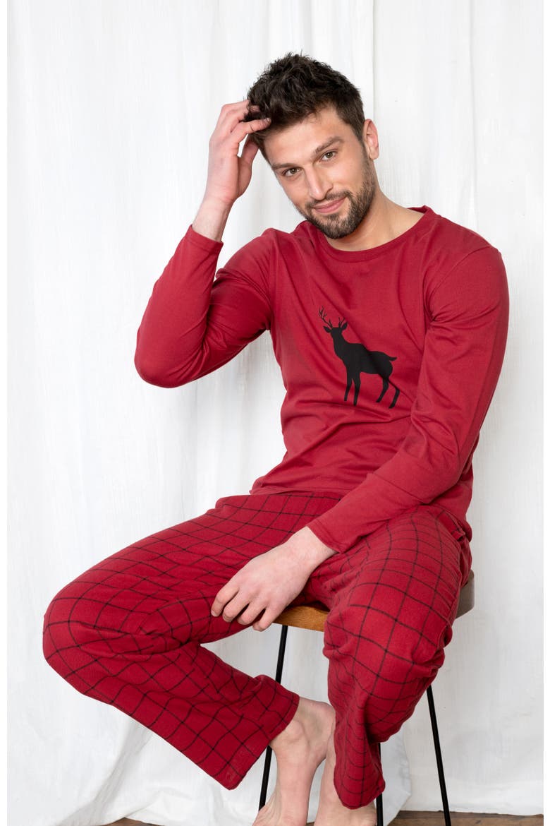 Men's Cotton Top & Flannel Pants Printed Holiday Pajama Set, Alternate, color, Reindeer