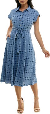 Nina Leonard Swiss Dot Cap Sleeve Midi Shirtdress