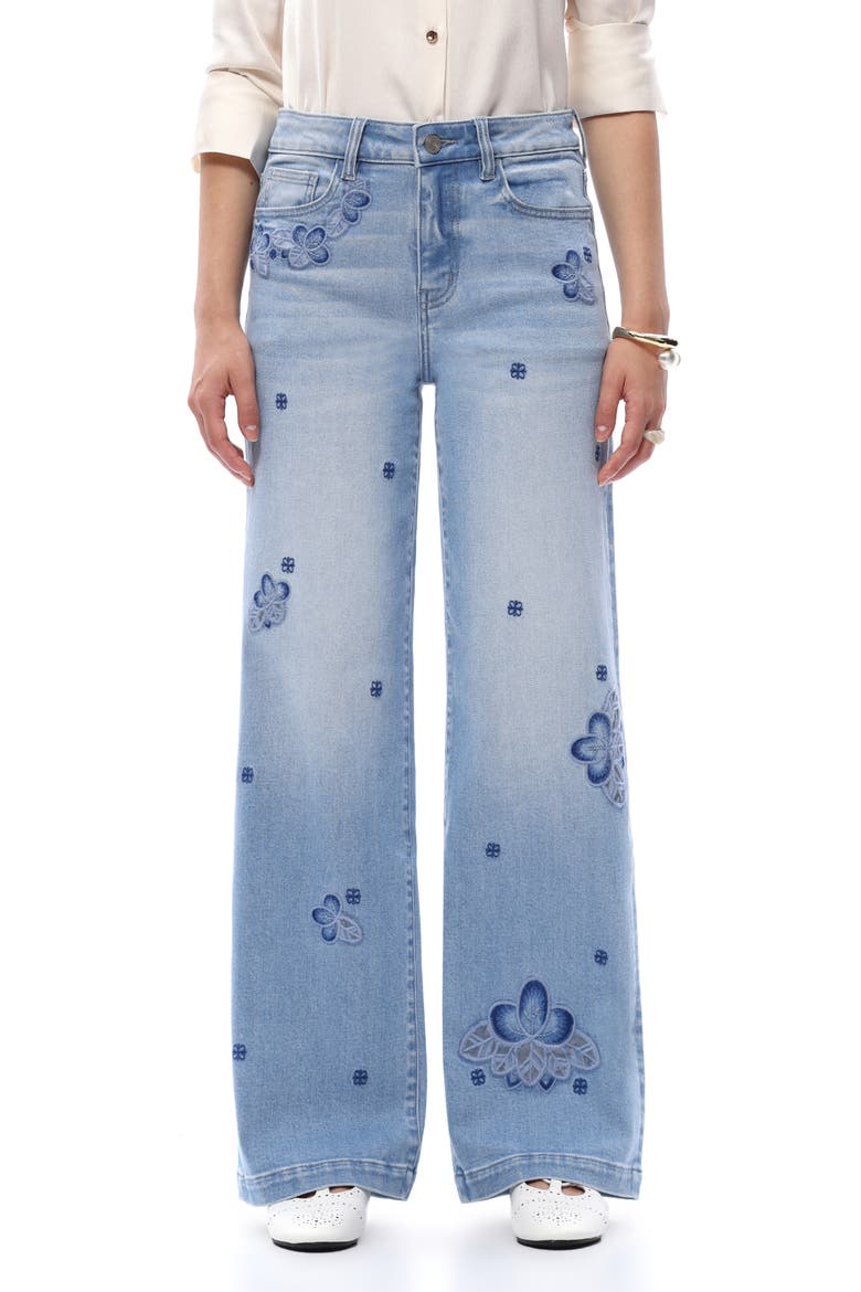 Floral Embroidered Mid Rise Wide Leg Jeans, Main, color, LIGHT BLUE