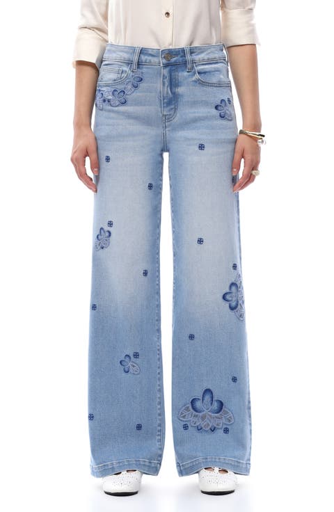 Floral Embroidered Mid Rise Wide Leg Jeans