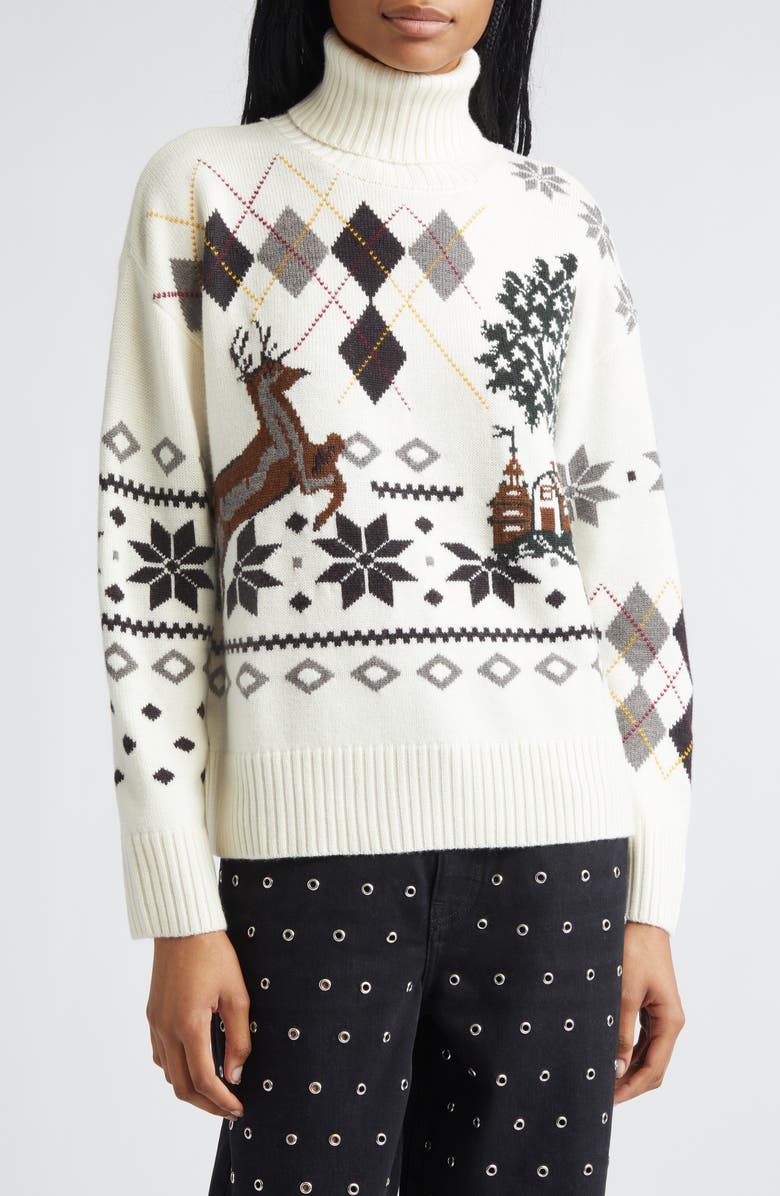 MONSE Tie Scarf Overlay Fair Isle Extrafine Merino Wool Turtleneck Sweater, Alternate, color, Ivory