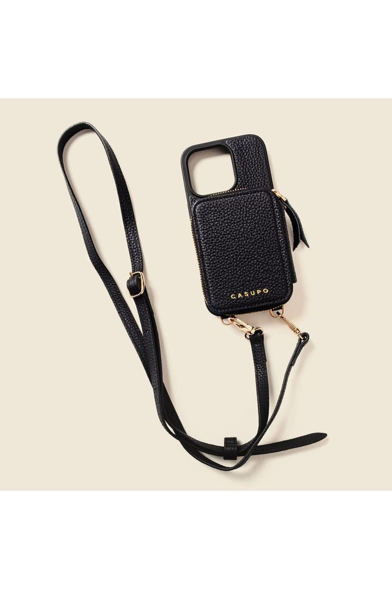 Leather iPhone Case with wallet and crossbody strap, Main, color, Black