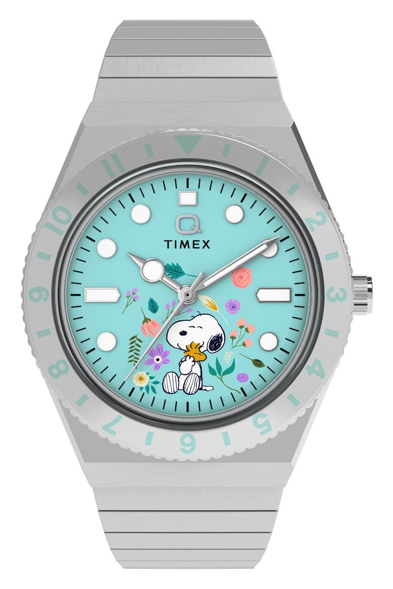 Peanuts® x Q Timex® 36mm Stainless Steel Expansion Band Watch, Main, color, STAINLESS STEEL