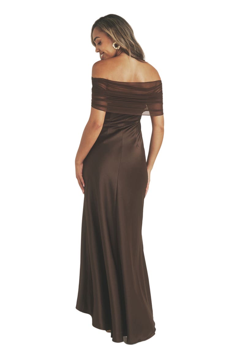 Bardot Detail Satin Midaxi Dress, Alternate, color, Mocha