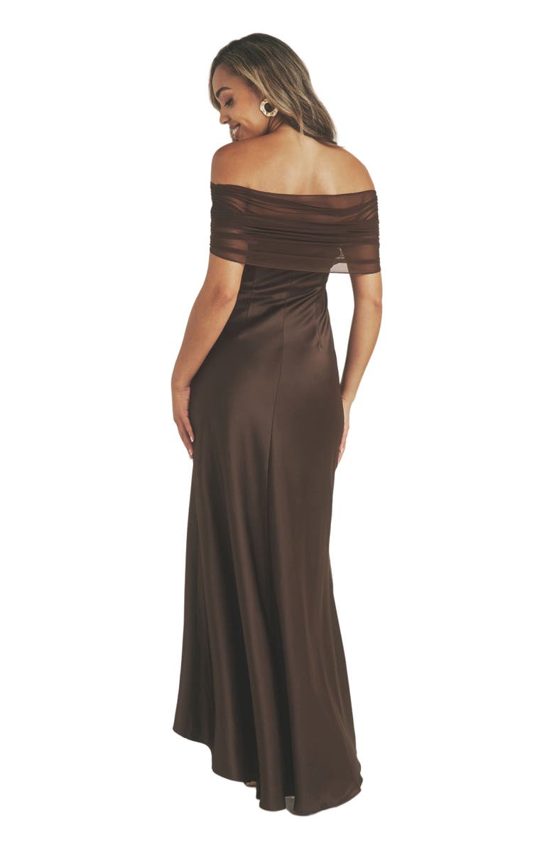 Six Stories Bardot Detail Satin Midaxi Dress, Alternate, color, Mocha