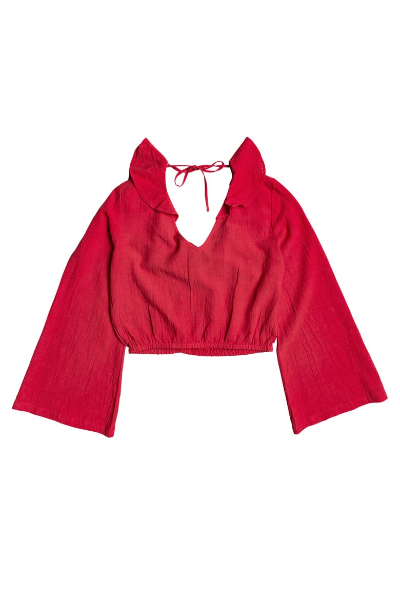 Roxy Paradise Is You Ruffle Trim Bell Sleeve Crop Top, Alternate, color,