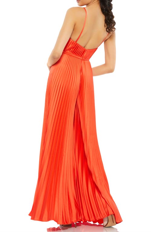 Mac Duggal Pleated Plunge Neck Wide Leg Jumpsuit In Tangerine