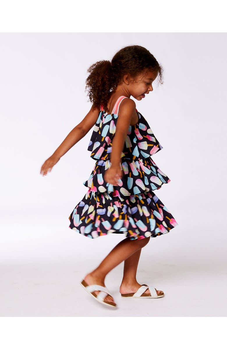 Deux par Deux Little Girl's Printed Tiered Dress Ice Lollipops And Black, Alternate, color, Ice Lollipops And Black