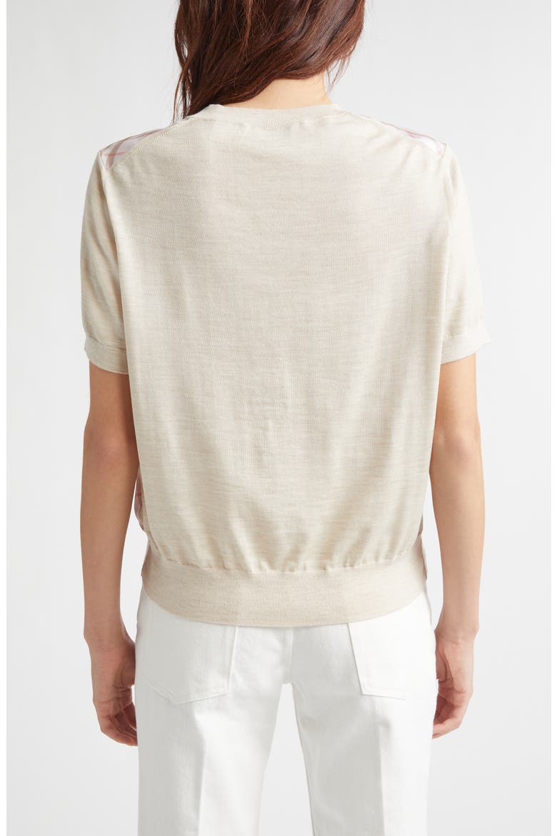 Sandrina Scarf Front Short Sleeve Wool & Silk Crewneck Sweater, Alternate, color, BEIGE/ QUARTZ PINK IP CHECK