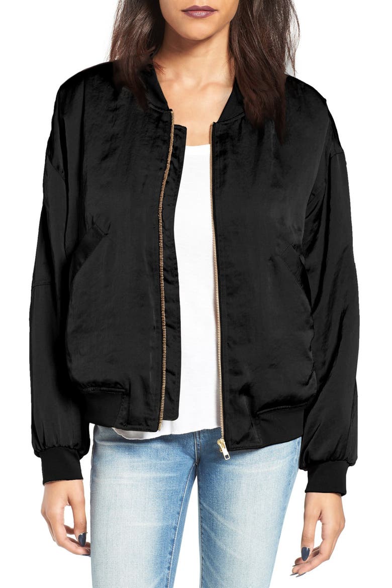 Satin Bomber Jacket, Main, color, BLACK