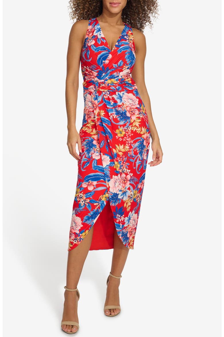 Ruched Midi Dress, Main, color, RED MULTI