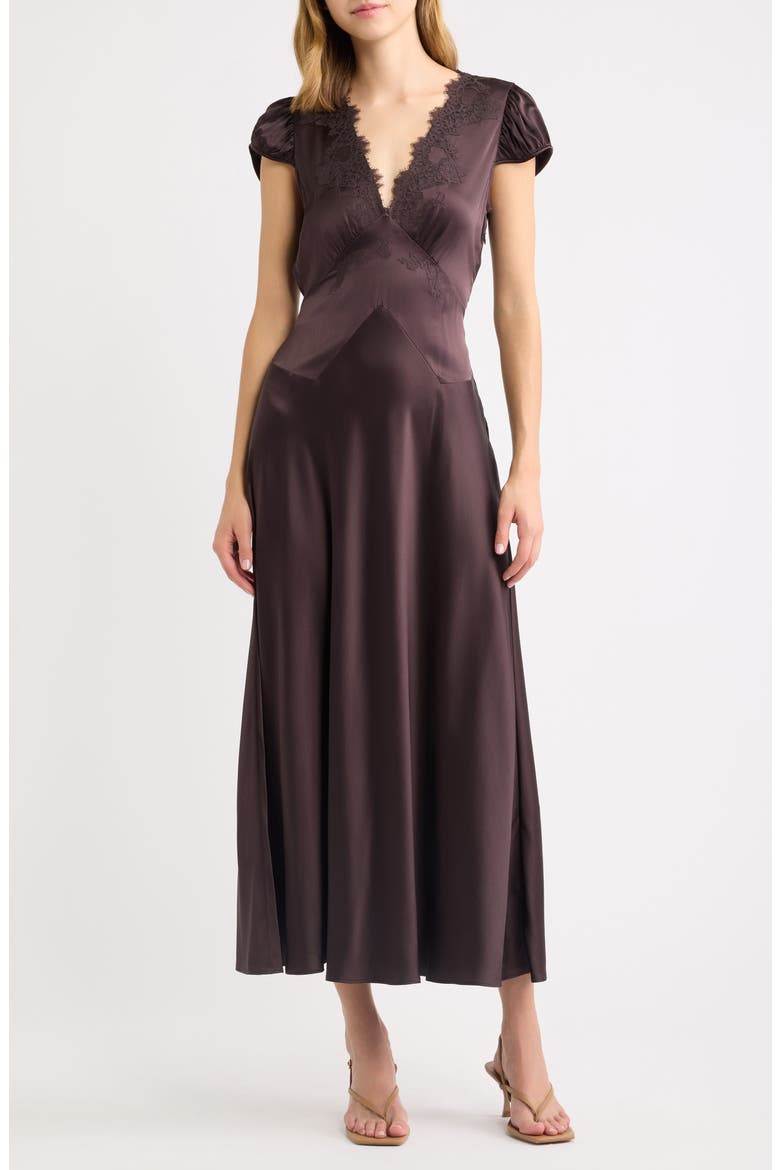 Coraline Lace Detail Floral Satin Maxi Dress, Main, color, EQUESTRIAN BROWN