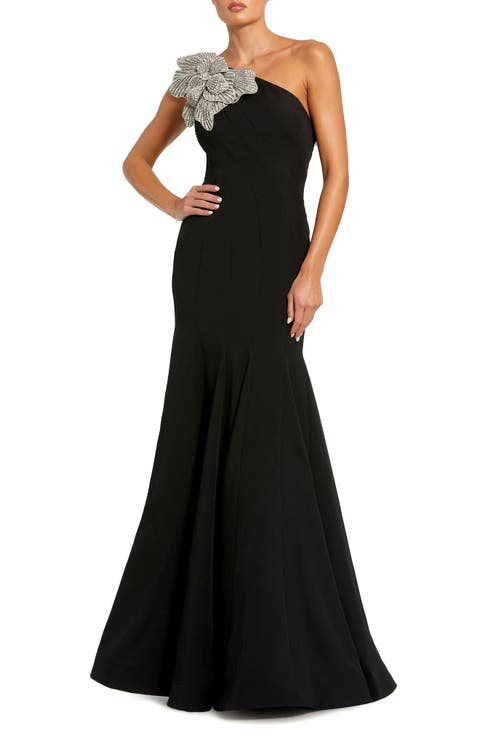Women's Crepe One Shoulder Gown With Flower Detail