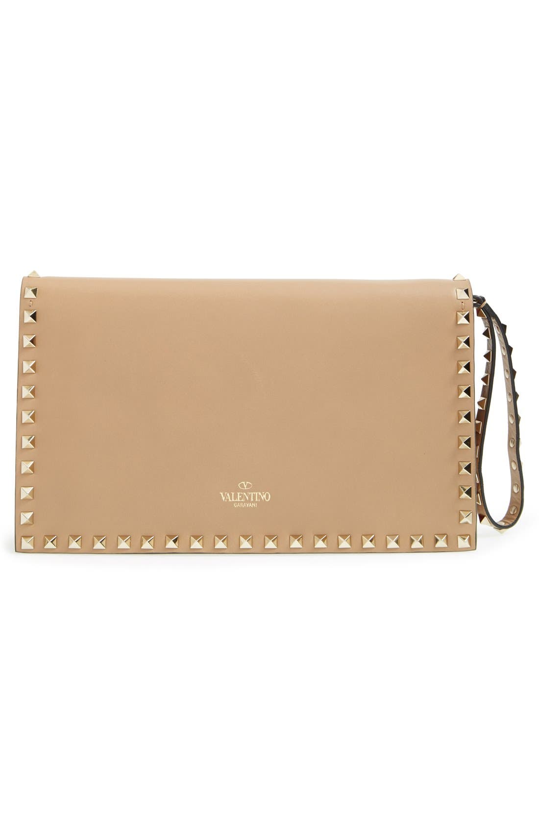 Rockstud Leather Flap Clutch, Alternate, color, ALPACA