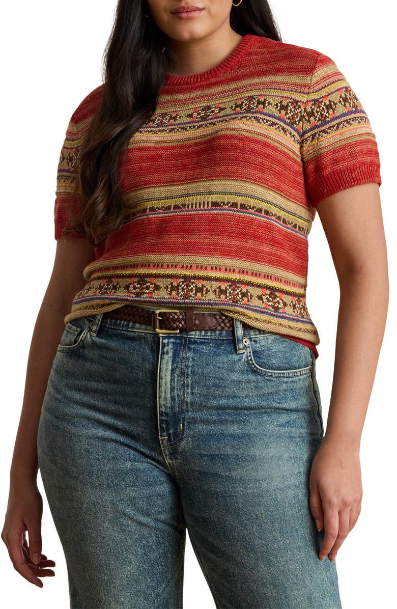 Lauren Ralph Lauren Geo Stripe Short Sleeve Cotton & Linen Sweater, Main, color,