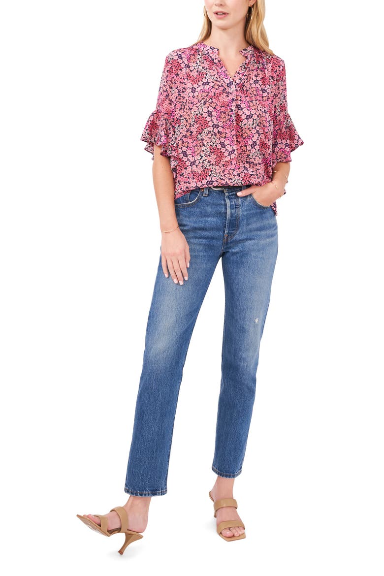 Floral Flutter Sleeve High/Low Top, Alternate, color, COSMO PINK