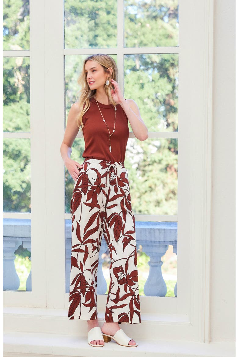 Floral Print Stretch Cotton Drawstring Wide Leg Pants, Alternate, color, BROWN PRINT