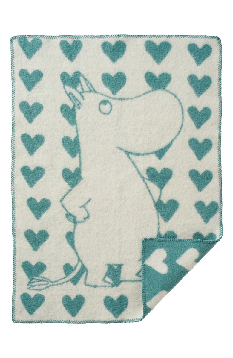 Klippan Kids' Moomin Heart Lambswool Woven Blanket, Main, color, Green