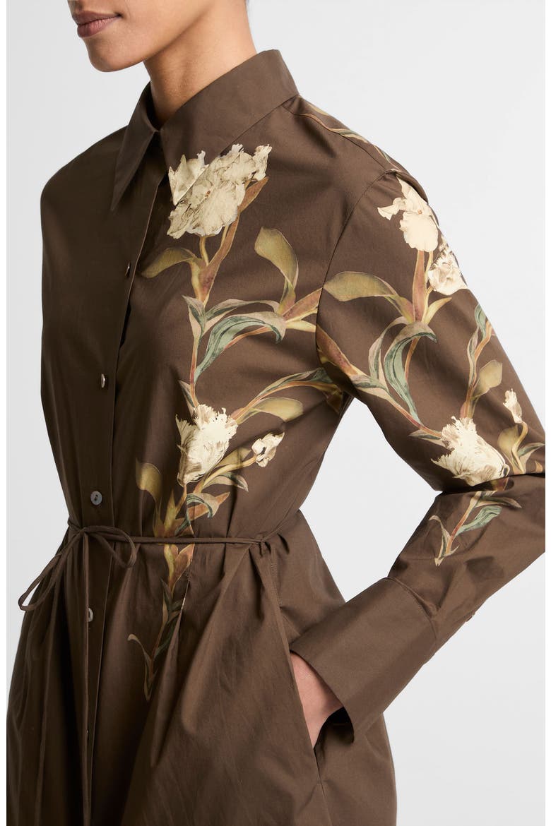 Iris Floral Print Tie Waist Long Sleeve Shirtdress, Alternate, color, DARK BARK