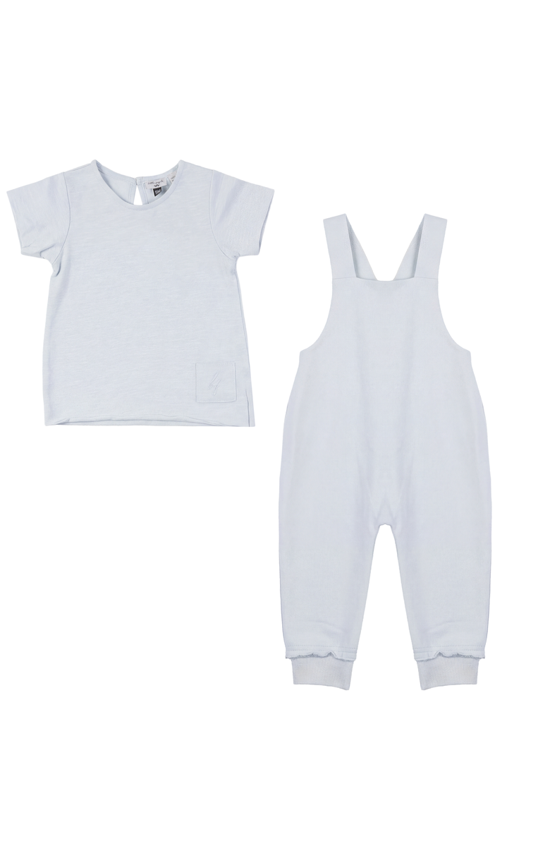 Little Fragile Tee and Cross Back Adjustable Strap Overall & Short Sleeve Top 2 Piece Set, Main, color, Misty Blue