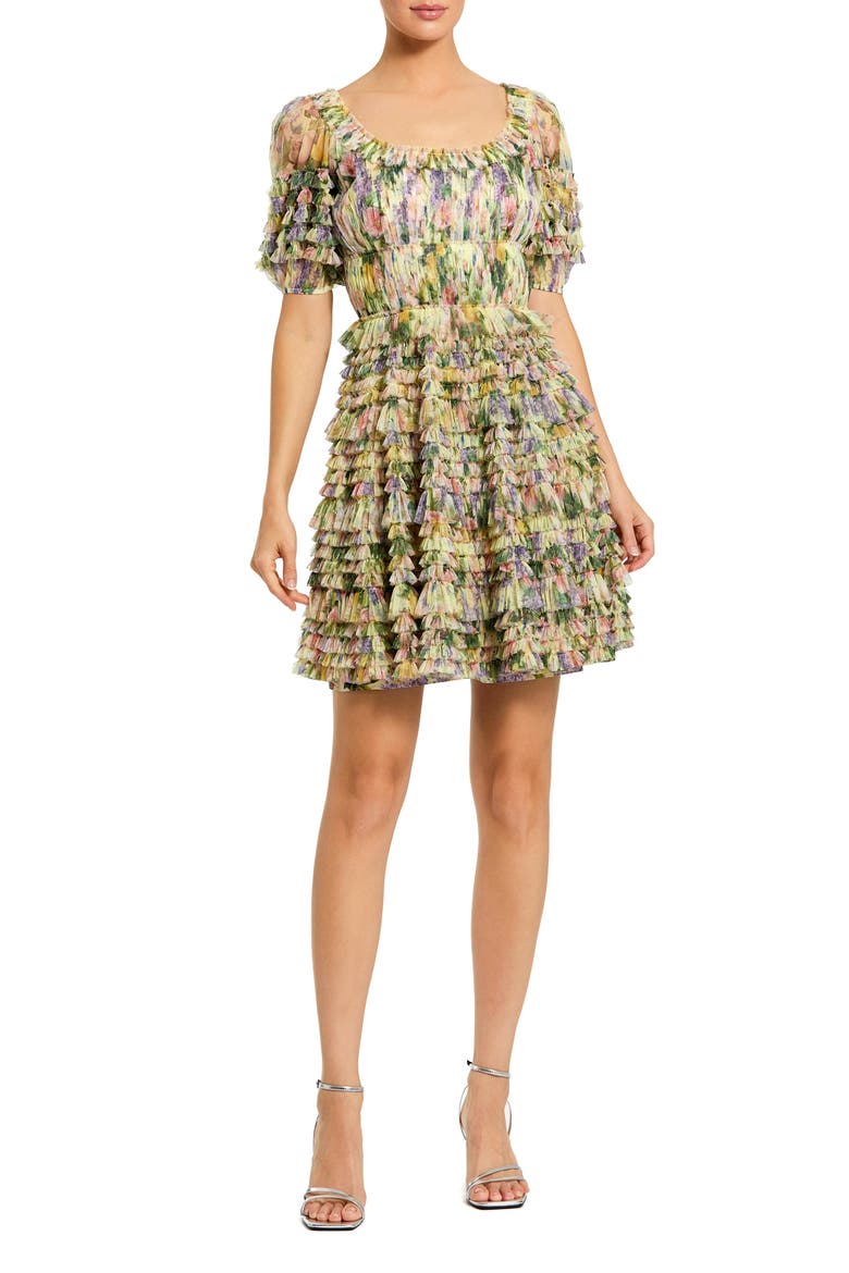 Women's Floral Mesh Puff Sleeve Ruffle Mini Dress, Main, color, Yellow Multi