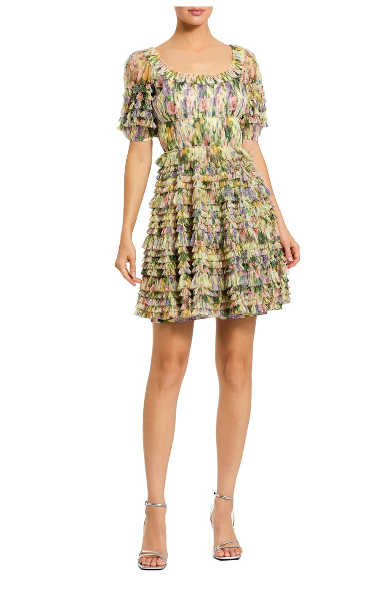 Mac Duggal Women's Floral Mesh Puff Sleeve Ruffle Mini Dress, Main, color, Yellow Multi
