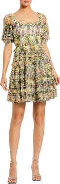 Mac Duggal Women's Floral Mesh Puff Sleeve Ruffle Mini Dress