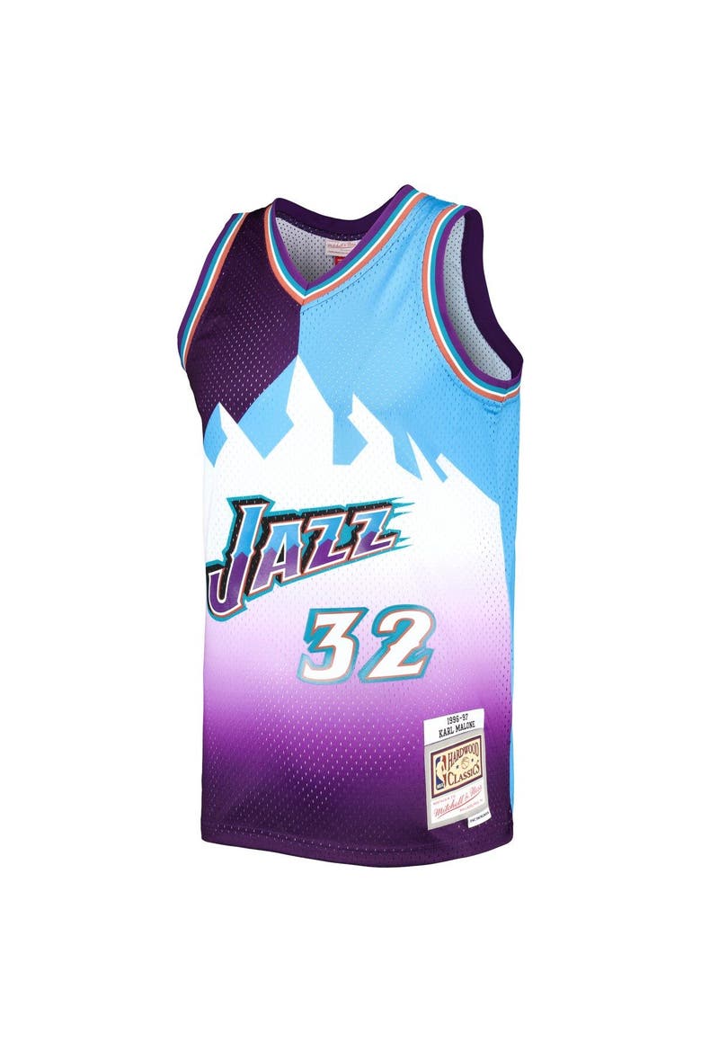 Men's Mitchell & Ness Karl Malone Purple/Turquoise Utah Jazz Hardwood Classics 1996/97 Split Swingman Jersey, Alternate, color, Purple