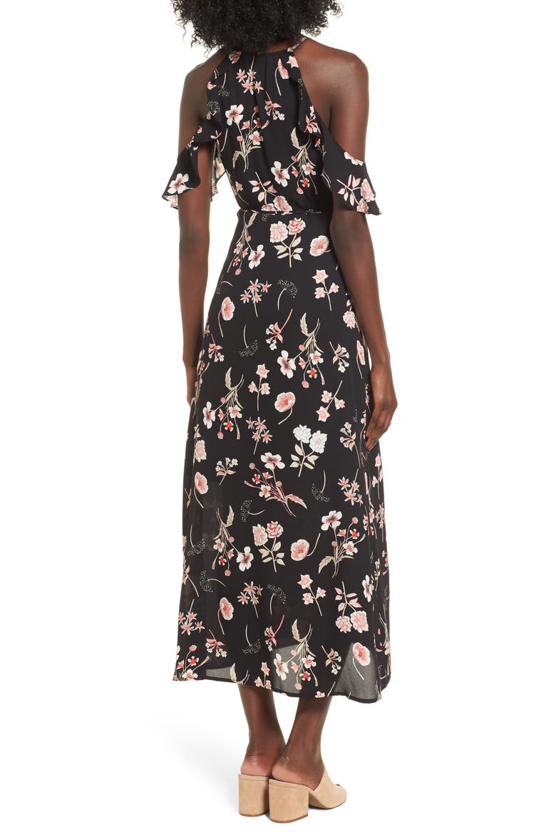 Floral Cold Shoulder Midi Dress, Alternate, color, BLACK BLUSH FLORAL