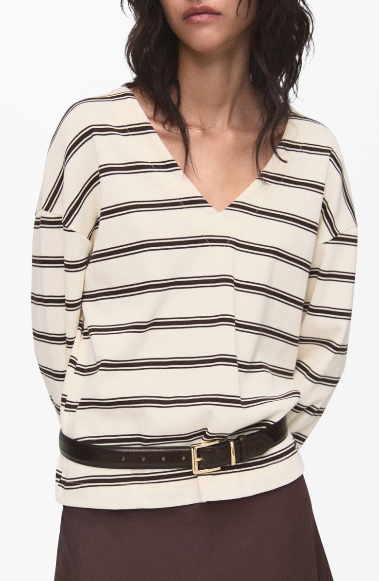 MANGO Stripe Cotton V-Neck Sweatshirt, Main, color, Ecru