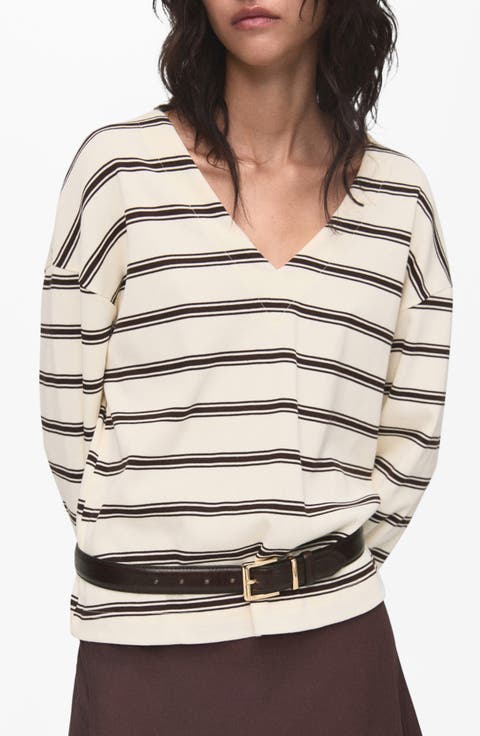 Stripe Cotton V-Neck Sweatshirt